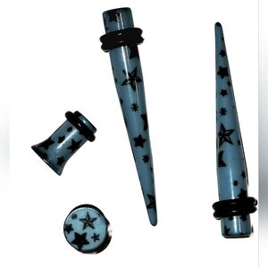 2G Tapers & Plugs Ear Gauge Set Blue w Black Stars & Orings Acrylic Body Jewelry